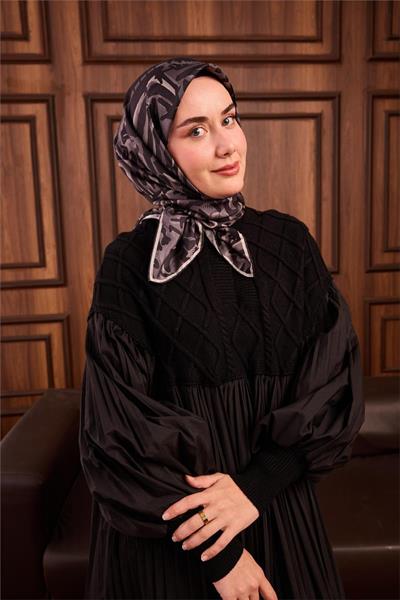Twill İpek Eşarp Siyah-Gümüş Kamuflaj Desenli Tok Duruşlu 90x90