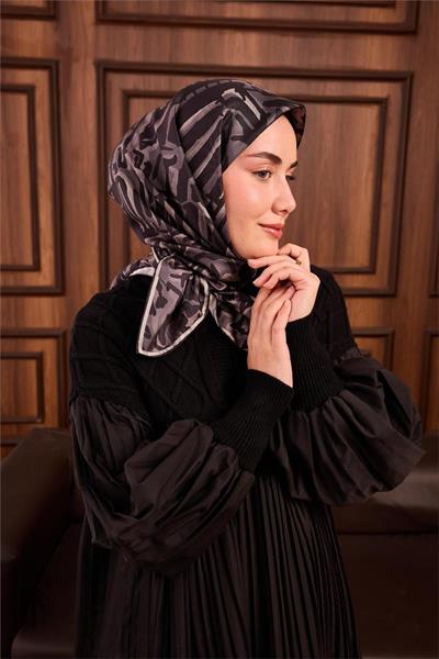 Twill İpek Eşarp Siyah-Gümüş Kamuflaj Desenli Tok Duruşlu 90x90