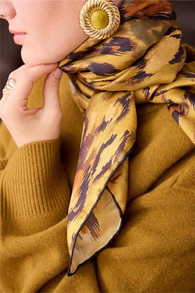 Twill İpek Eşarp Siyah-Olive Desenli Tok Duruşlu 90x90
