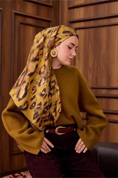 Twill İpek Eşarp Siyah-Olive Desenli Tok Duruşlu 90x90