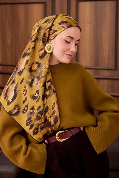 Twill İpek Eşarp Siyah-Olive Desenli Tok Duruşlu 90x90