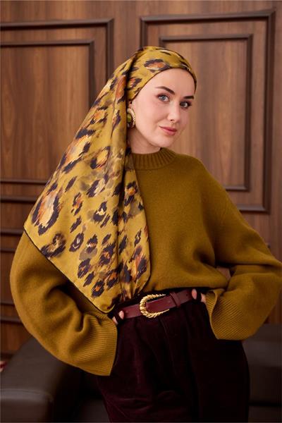 Twill İpek Eşarp Siyah-Olive Desenli Tok Duruşlu 90x90