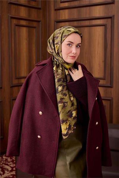 Twill İpek Eşarp Siyah-Yeşil Desenli Tok Duruşlu 90x90