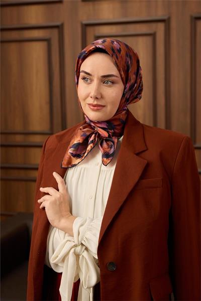 Twill İpek Eşarp Lacivert-Bakır Desenli Tok Duruşlu 90x90