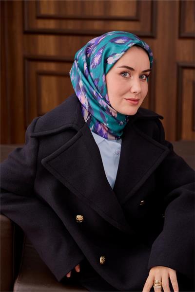 Twill İpek Eşarp Turkuaz-Leylak Desenli Tok Duruşlu 90x90