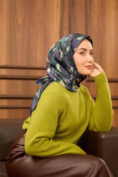 Twill İpek Eşarp Koyu Mor-Zümrüt Desenli Tok Duruşlu 90x90