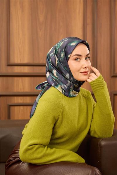 Twill İpek Eşarp Koyu Mor-Zümrüt Desenli Tok Duruşlu 90x90
