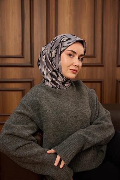 Twill İpek Eşarp Siyah-Füme Desenli Tok Duruşlu 90x90