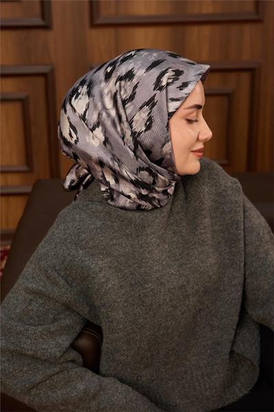Twill İpek Eşarp Siyah-Füme Desenli Tok Duruşlu 90x90