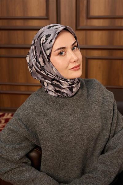 Twill İpek Eşarp Siyah-Füme Desenli Tok Duruşlu 90x90