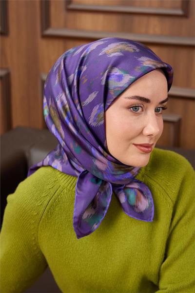 Twill İpek Eşarp Mor-Zümrüt Yaprak Desenli Tok Duruşlu 90x90
