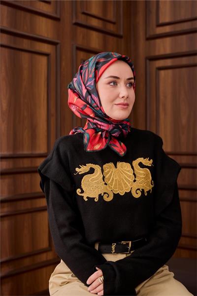 Twill İpek Eşarp Siyah-Zümrüt Mercan Desenli Tok Duruşlu 90x90