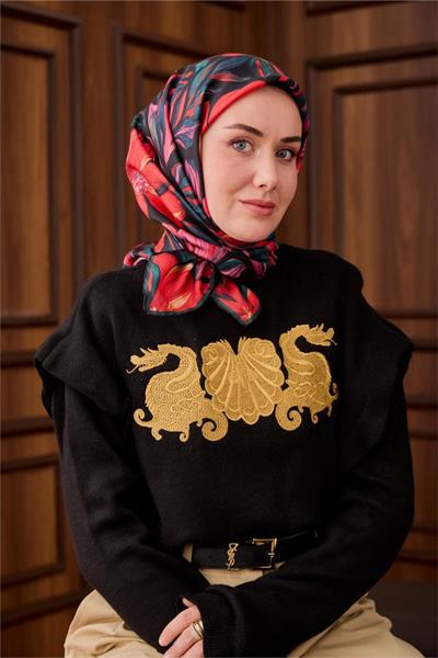 Twill İpek Eşarp Siyah-Zümrüt Mercan Desenli Tok Duruşlu 90x90