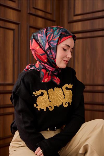 Twill İpek Eşarp Siyah-Zümrüt Mercan Desenli Tok Duruşlu 90x90