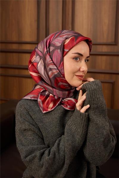 Twill İpek Eşarp Mor-Pastel Mor-Kızıl Turuncu-Pembe Desenli Tok Duruşlu 90x90