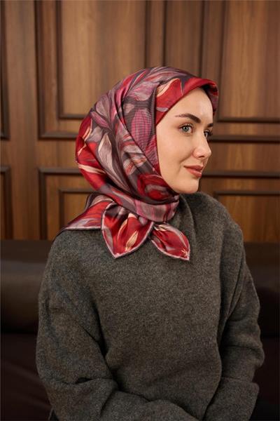 Twill İpek Eşarp Mor-Pastel Mor-Kızıl Turuncu-Pembe Desenli Tok Duruşlu 90x90