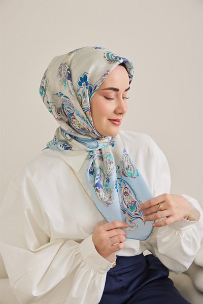 Twill İpek Eşarp Şal Desen Ekru 90x90