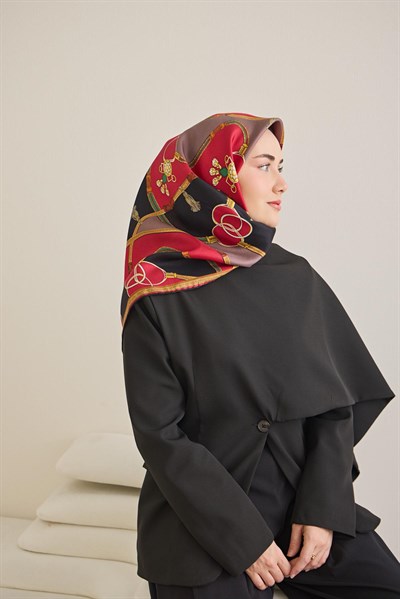 Twill İpek Eşarp Kemer Desen Siyah 90x90