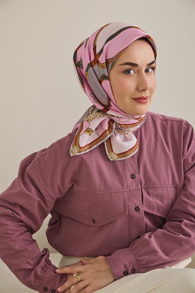 Twill İpek Eşarp Kemer Desen Pembe 90x90