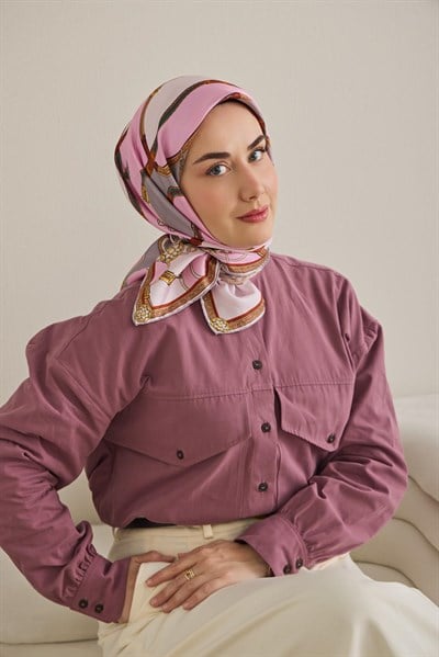Twill İpek Eşarp Kemer Desen Pembe 90x90