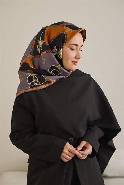 Twill İpek Eşarp Kemer Desen Füme 90x90