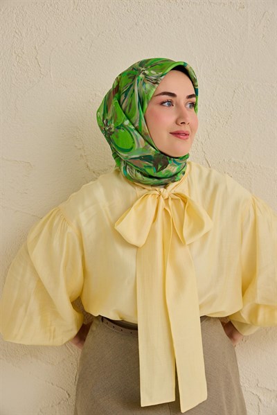 Twill İpek Eşarp Floral Art Desen Yeşil 90x90
