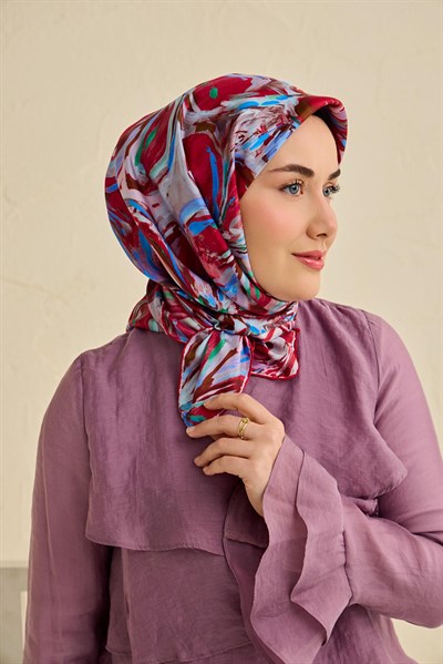 Twill İpek Eşarp Floral Art Desen Bordo 90x90