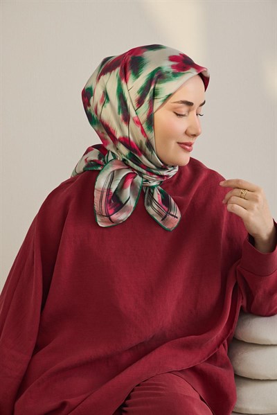Twill İpek Eşarp Soyut Çiçek Desen Fuşya 90x90