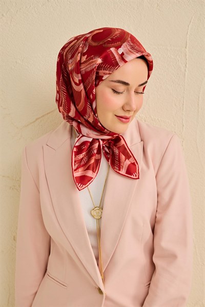 Twill İpek Eşarp Soyut Desen Koyu Kırmızı 90x90