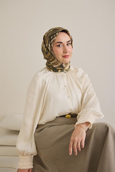 Twill İpek Eşarp Soyut Desen Koyu Yeşil 90x90