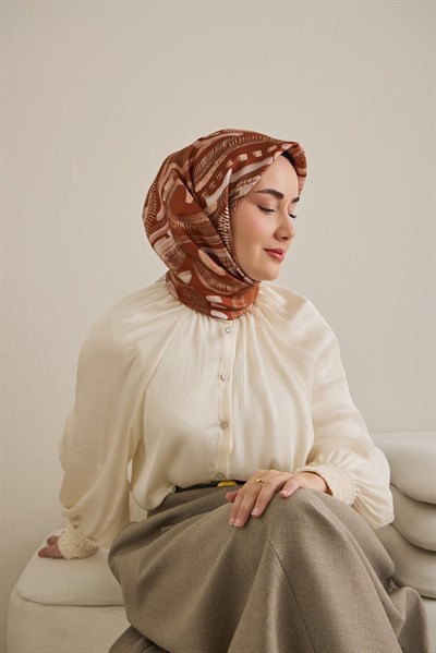 Twill İpek Eşarp Soyut Desen Kiremit 90x90