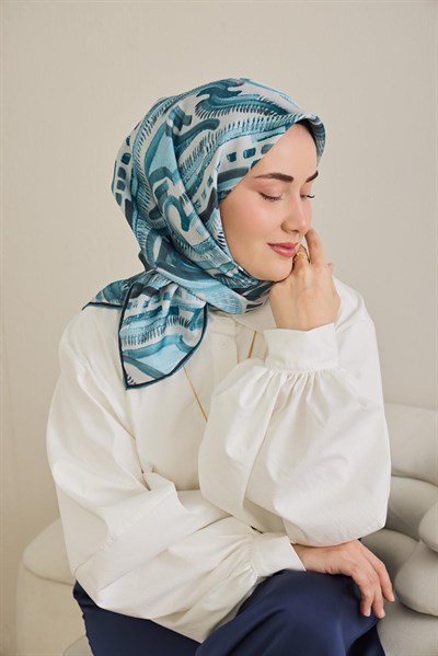 Twill İpek Eşarp Soyut Desen Bebe Mavi 90x90