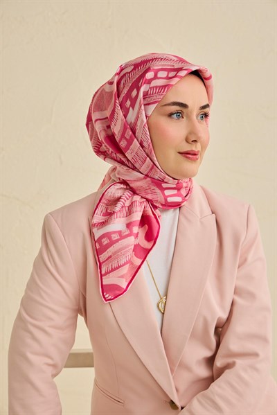 Twill İpek Eşarp Soyut Desen Pembe 90x90