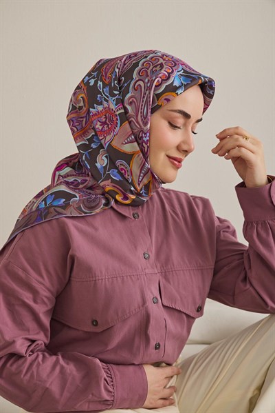 Twill İpek Eşarp Badem Motif Desen Kahverengi 90x90