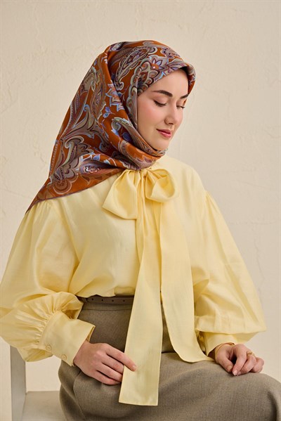 Twill İpek Eşarp Badem Motif Desen Kiremit 90x90