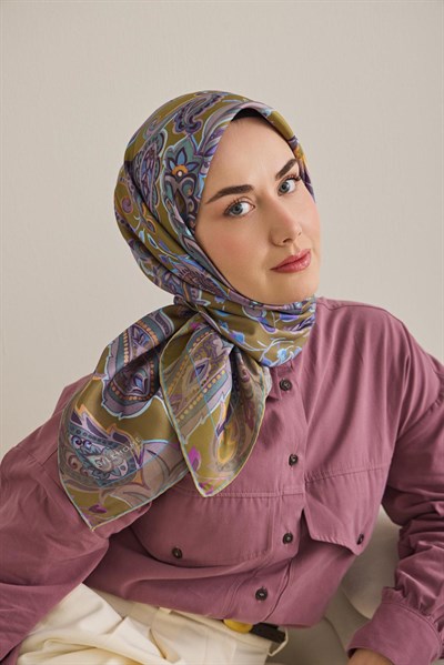 Twill İpek Eşarp Badem Motif Desen Yağ Yeşili 90x90