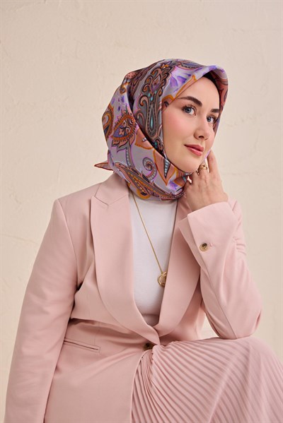Twill İpek Eşarp Badem Motif Desen Lila 90x90