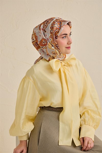 Twill İpek Eşarp Badem Motif Desen Gri 90x90