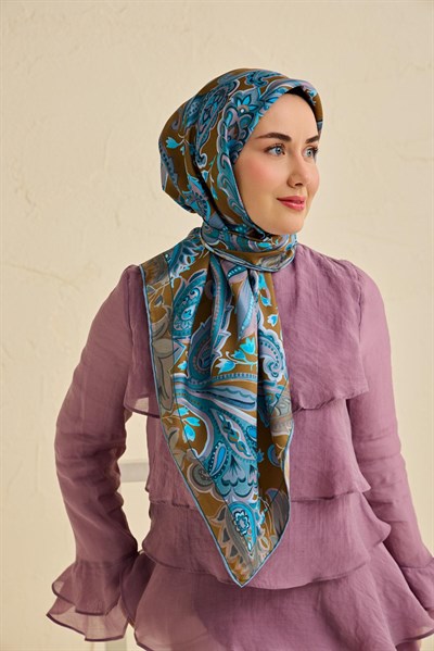 Twill İpek Eşarp Badem Motif Desen Taba 90x90