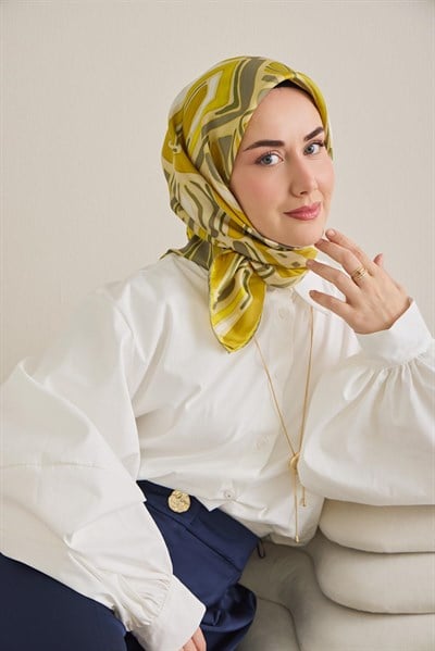 Twill İpek Eşarp Bohem Atlas Desen Pastel Sarı 90x90