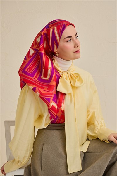 Twill İpek Eşarp Bohem Atlas Desen Somon 90x90