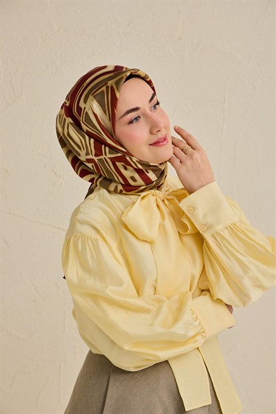 Twill İpek Eşarp Bohem Atlas Desen Bej 90x90