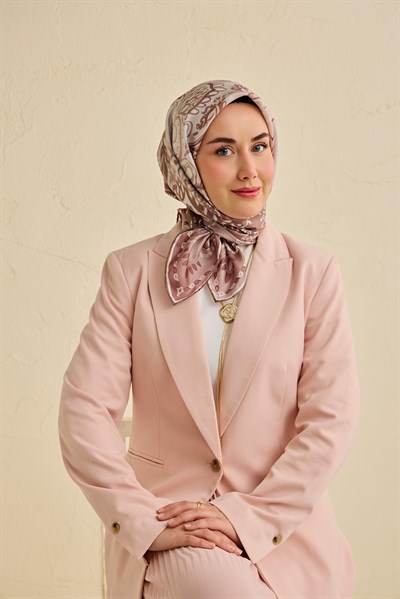 Twill İpek Eşarp Klasik Motif Gül Kurusu 90x90
