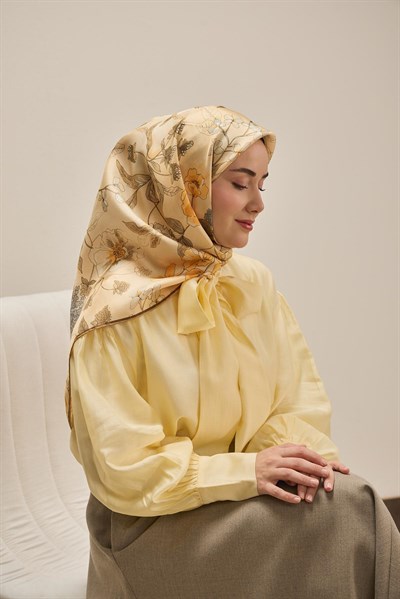 Twill İpek Eşarp Çiçek Rüyası Pastel Sarı 90x90