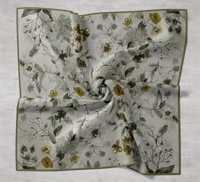 Twill İpek Eşarp Çiçek Rüyası Yeşil Gümüş 90x90