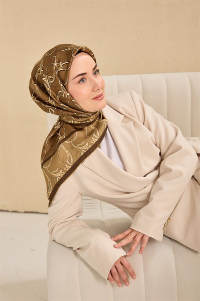 Twill İpek Eşarp Barok Yeşil Kahve 90x90
