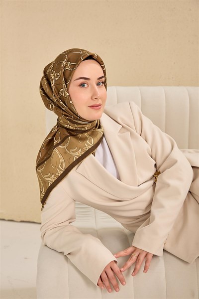 Twill İpek Eşarp Barok Yeşil Kahve 90x90
