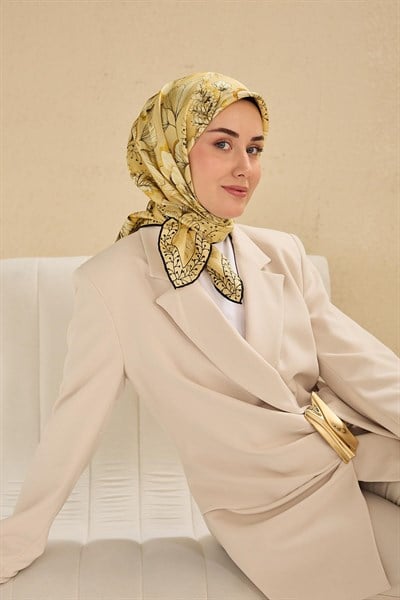 Twill İpek Eşarp Büyük Çiçek Sarı 90x90