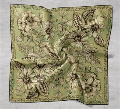 Twill İpek Eşarp Büyük Çiçek Yeşil 90x90