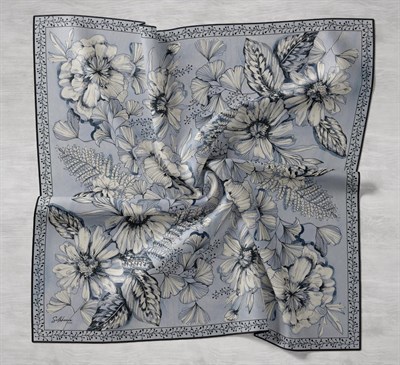 Twill İpek Eşarp Büyük Çiçek Mavi Gri 90x90